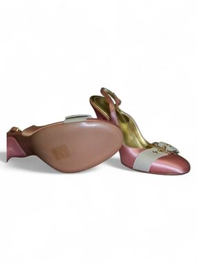Casadei Pink Satin Slingback Heels with Ivory Strap and Gold Accent